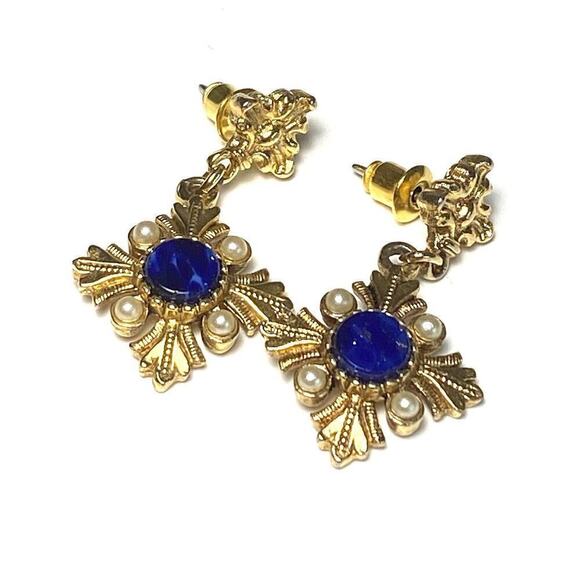 Earrings Dangles Drops Lapis Center Gold Tone Vintage Look / Vintage? Estate - Picture 1 of 9